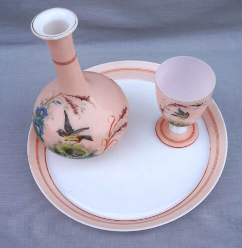バカラ　ハンドペイント　オパーリン　ローズガラス　ナイトセット（ボトル、タンブラー＆トレイ　鳥と鳥の巣）
