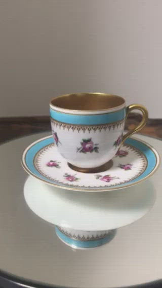 ミニチュア　ロイヤルウースター　コバルトブルーとピンクローズのカップとソーサー　1910年