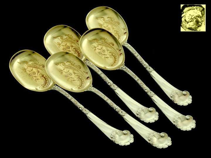 Soufflot Fabulous French Sterling Silver 18k Gold Ice Cream Spoons Set Rococo