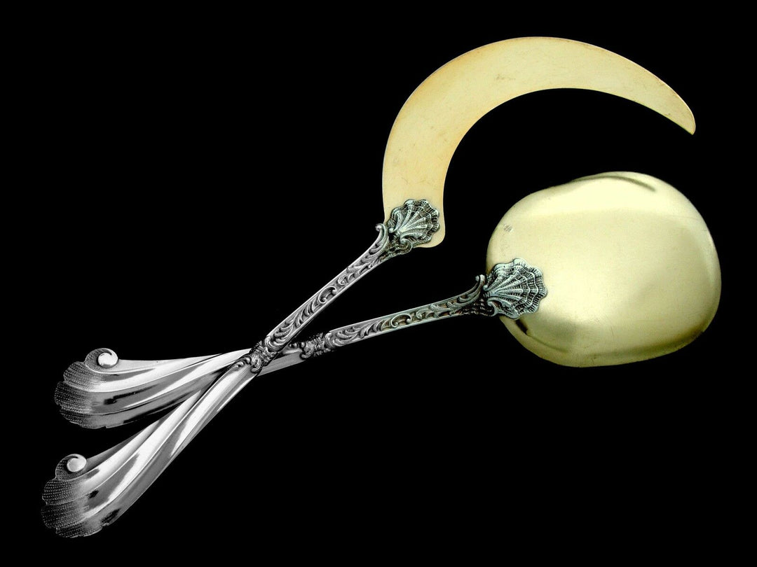 Soufflot Rare French All Sterling Silver 18k Gold Ice Cream Servers 2 pc Rococo