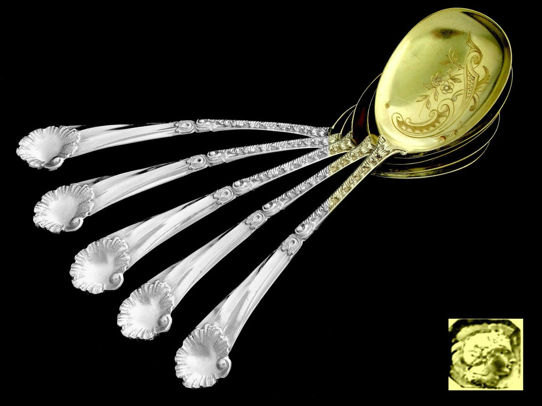 Soufflot Fabulous French Sterling Silver 18k Gold Ice Cream Spoons Set Rococo