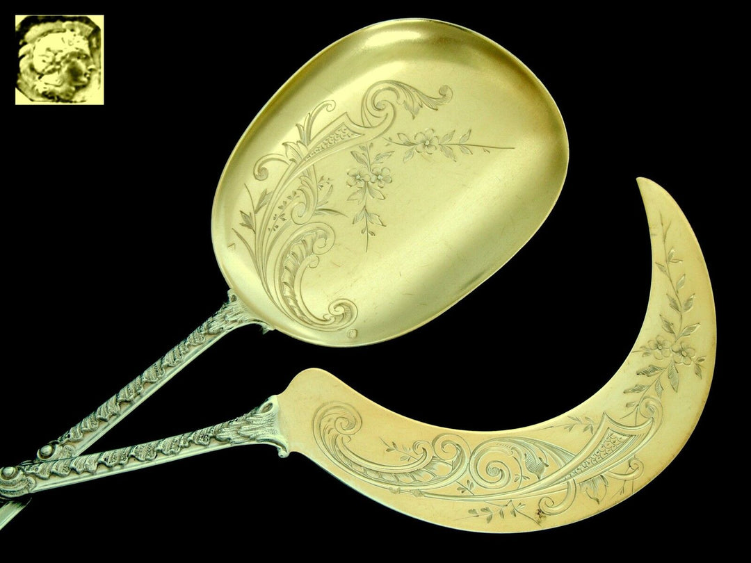 Soufflot Rare French All Sterling Silver 18k Gold Ice Cream Servers 2 pc Rococo