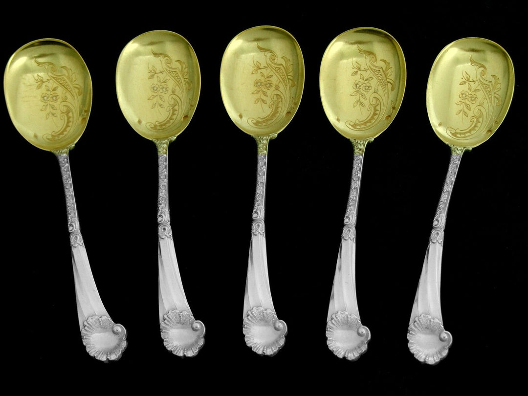 Soufflot Fabulous French Sterling Silver 18k Gold Ice Cream Spoons Set Rococo