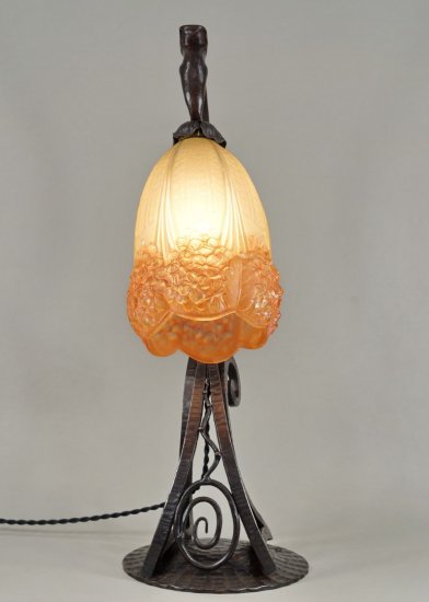 フランスのガラス工芸家　ミューラー兄弟紫陽花の花柄のブロンズランプ テーブルランプ