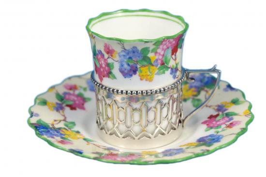 ００７　エインズレイ　純銀ホルダーカップ＆ソーサー　レインボー