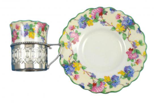 ００７　エインズレイ　純銀ホルダーカップ＆ソーサー　レインボー