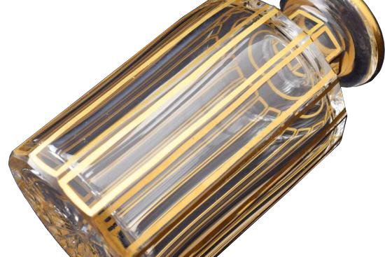 ２５３　古ガラス　バカラ・金彩碧硝子切子多面体 ボトル BACCARAT 1８cm