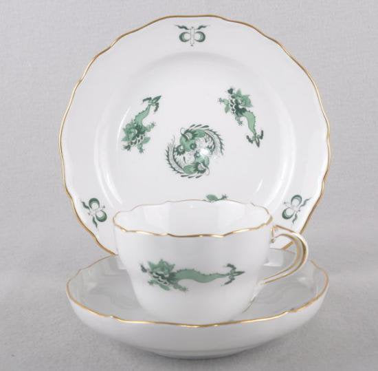 ０７８　マイセン meissen カップ＆ソーサー＆ケーキプレート　コーヒーセット3点(緑の明朝風ドラゴン)