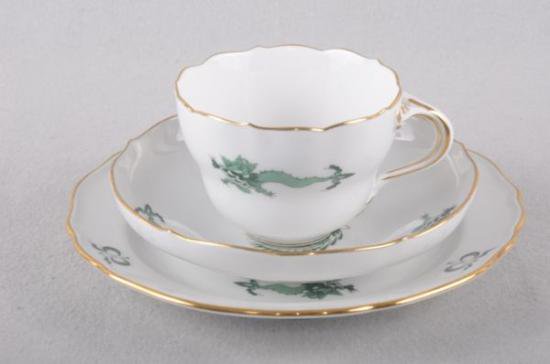 ０７８　マイセン meissen カップ＆ソーサー＆ケーキプレート　コーヒーセット3点(緑の明朝風ドラゴン)
