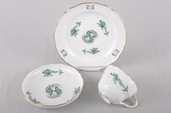 ０７８　マイセン meissen カップ＆ソーサー＆ケーキプレート　コーヒーセット3点(緑の明朝風ドラゴン)