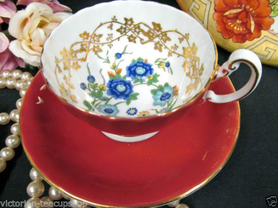 ０８３　エインズレイ　カップ＆ソーサー　花模様　（オレンジ＆ゴールド）