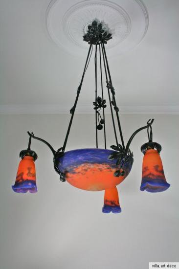 ０２２　ミューラー兄弟　アンティークランプ　フランス　アールデコ　オレンジと青の被せガラスランプ