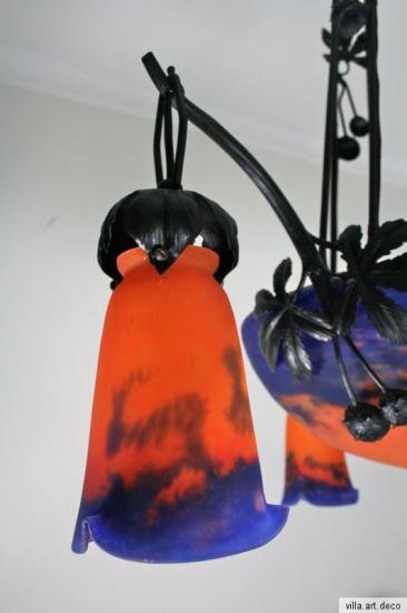 ０２２　ミューラー兄弟　アンティークランプ　フランス　アールデコ　オレンジと青の被せガラスランプ