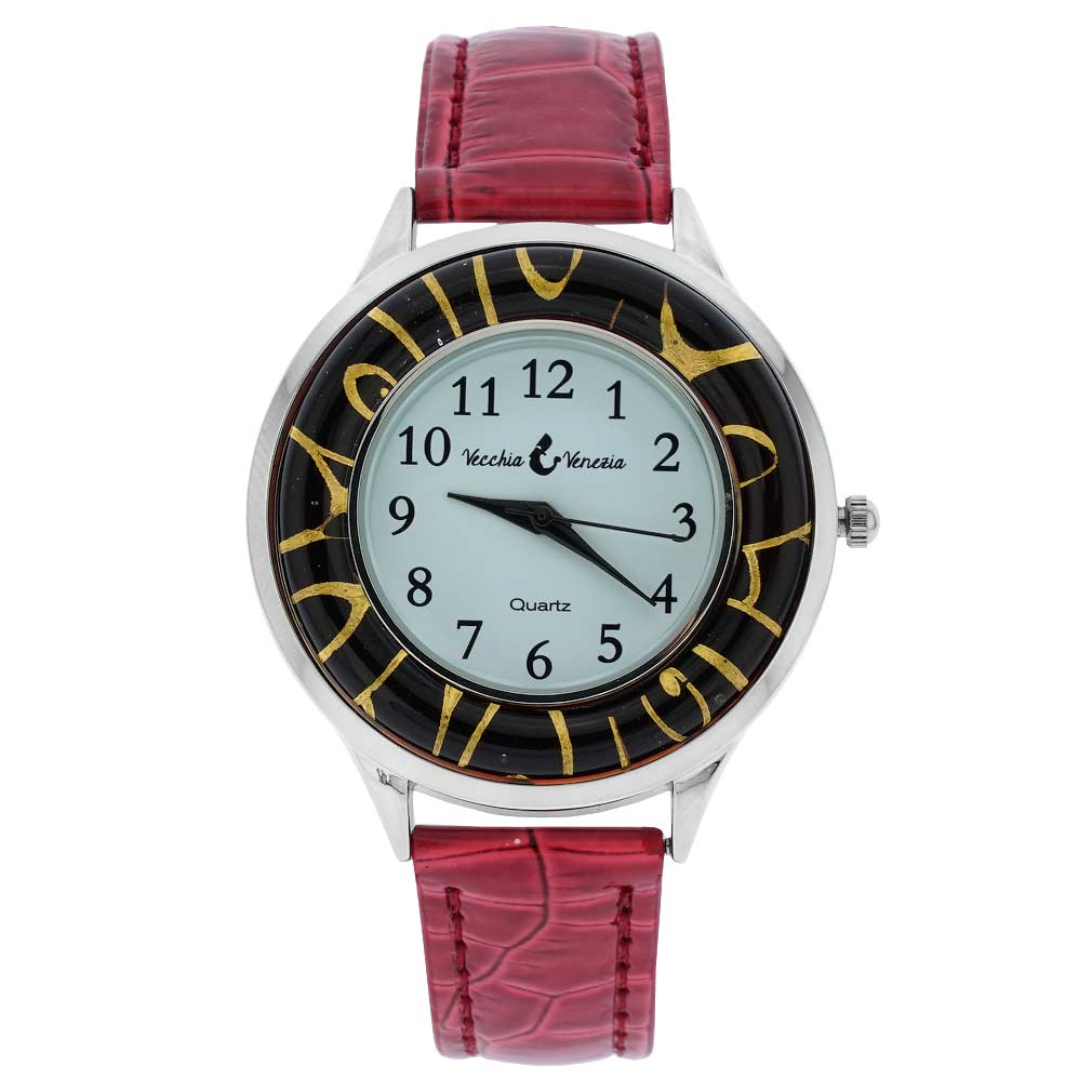 イタリア製 ベネチアングラス（ヴェネチア、ムラノガラス）ゴールドリーフ腕時計　レザーバンド