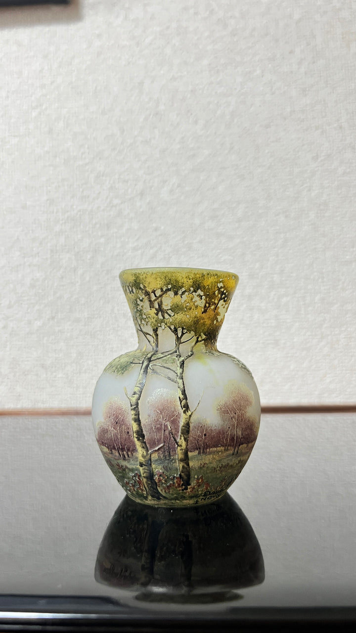 ドーム兄弟（ドームナンシー）白樺の木が描かれた風景のコロン型花瓶　アールヌーボー期