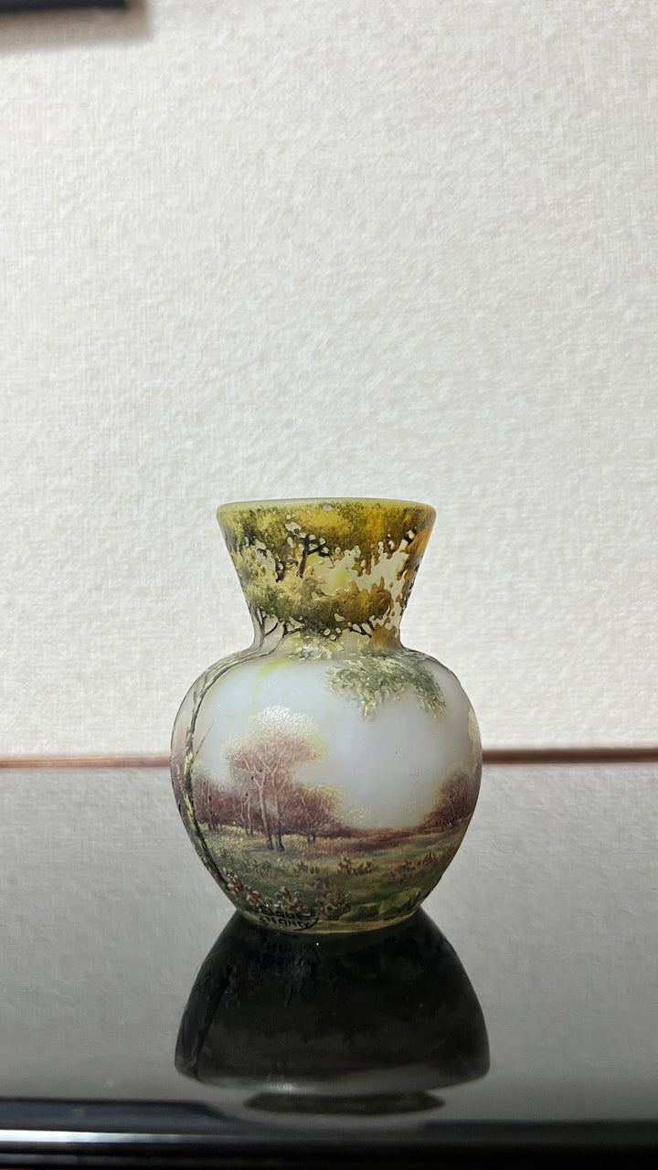 ドーム兄弟（ドームナンシー）白樺の木が描かれた風景のコロン型花瓶　アールヌーボー期