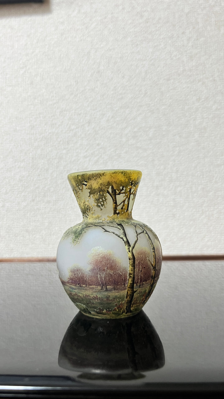 ドーム兄弟（ドームナンシー）白樺の木が描かれた風景のコロン型花瓶　アールヌーボー期