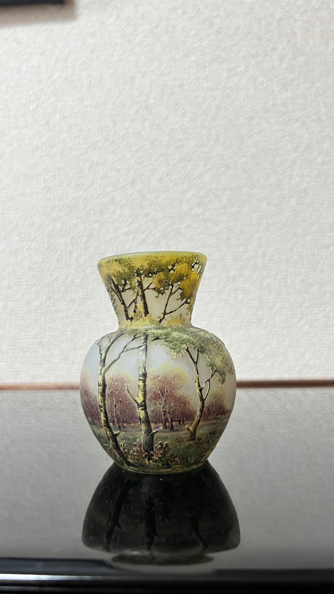 ドーム兄弟（ドームナンシー）白樺の木が描かれた風景のコロン型花瓶　アールヌーボー期