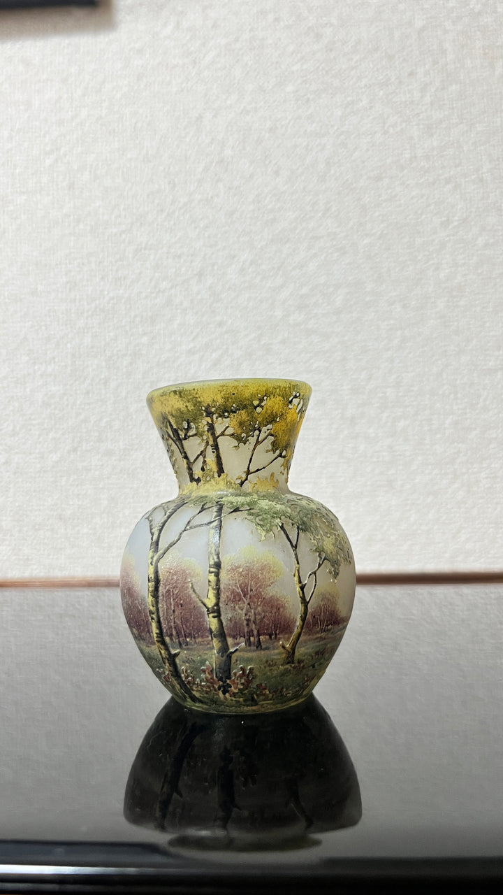 ドーム兄弟（ドームナンシー）白樺の木が描かれた風景のコロン型花瓶　アールヌーボー期
