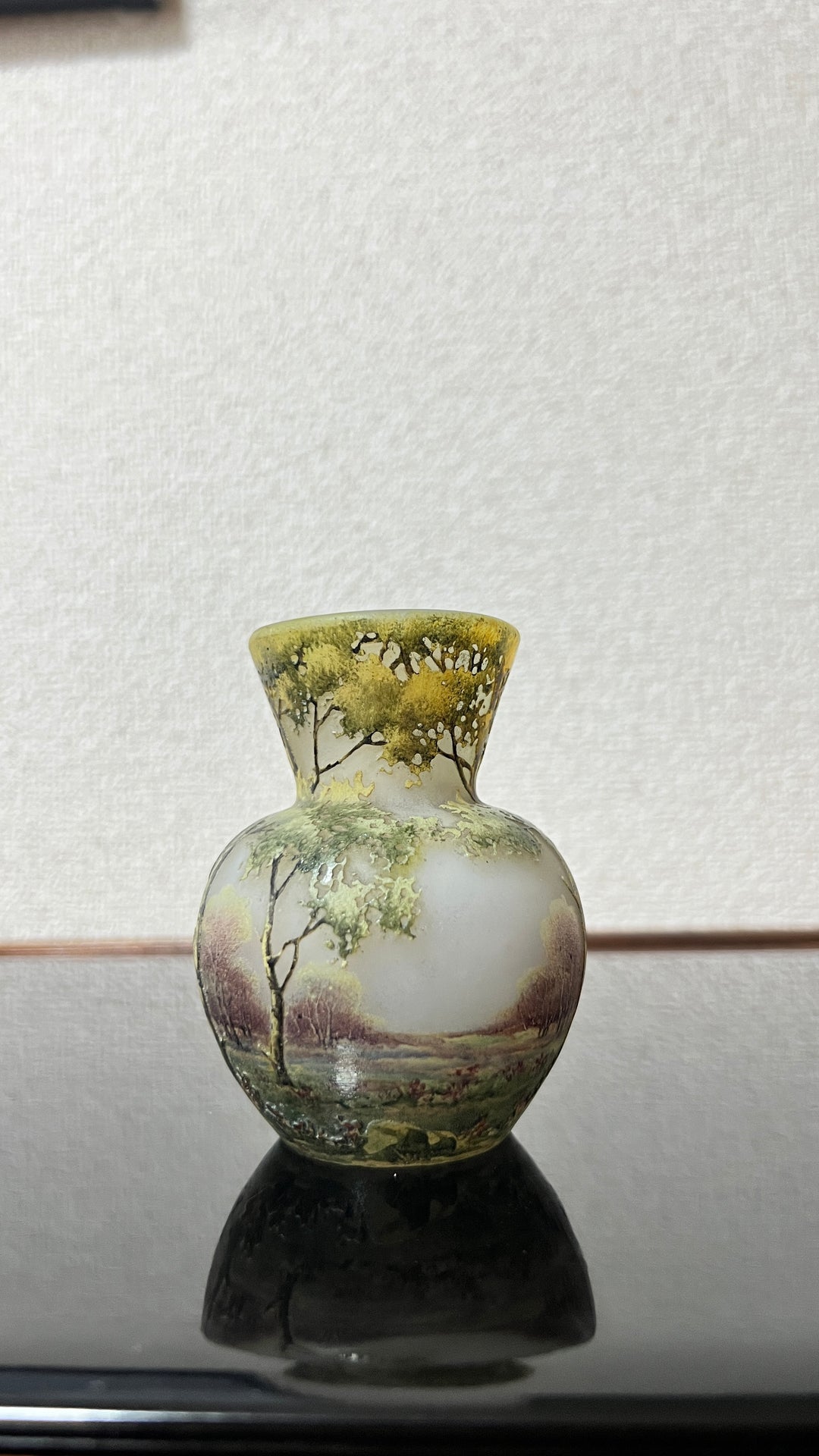 ドーム兄弟（ドームナンシー）白樺の木が描かれた風景のコロン型花瓶　アールヌーボー期