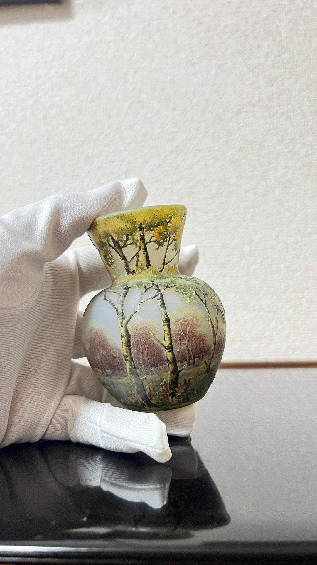 ドーム兄弟（ドームナンシー）白樺の木が描かれた風景のコロン型花瓶　アールヌーボー期