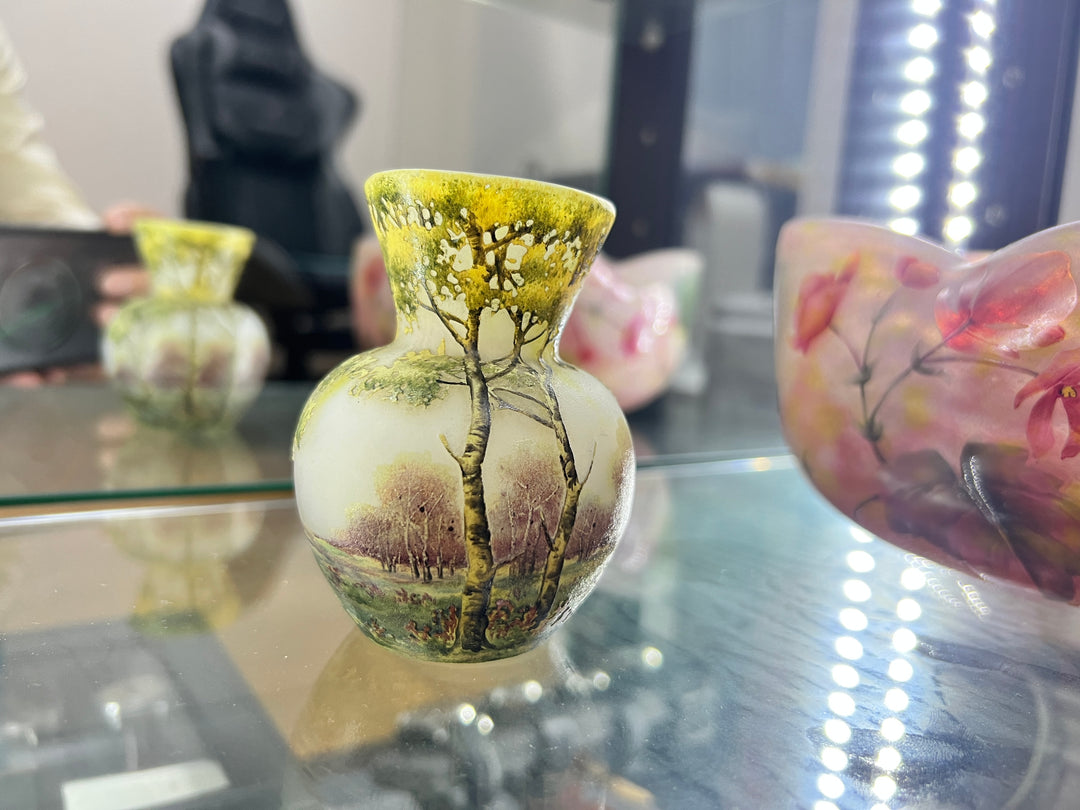 ドーム兄弟（ドームナンシー）白樺の木が描かれた風景のコロン型花瓶　アールヌーボー期