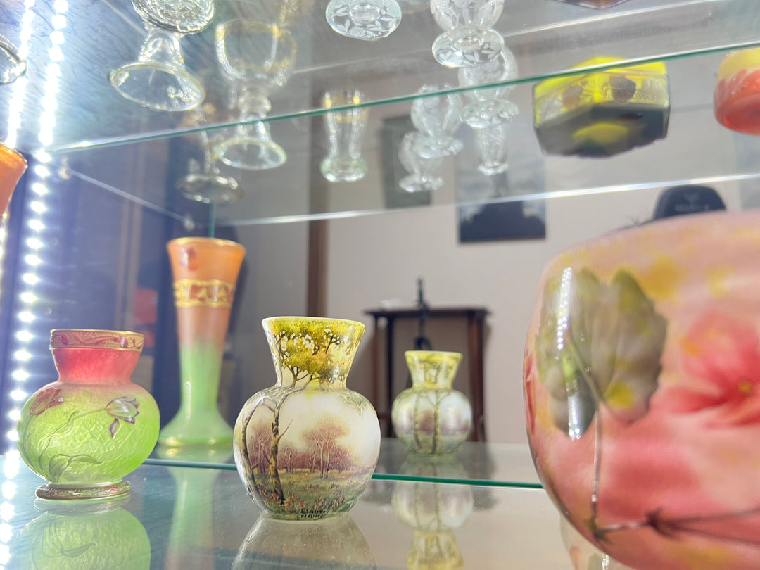 ドーム兄弟（ドームナンシー）白樺の木が描かれた風景のコロン型花瓶　アールヌーボー期