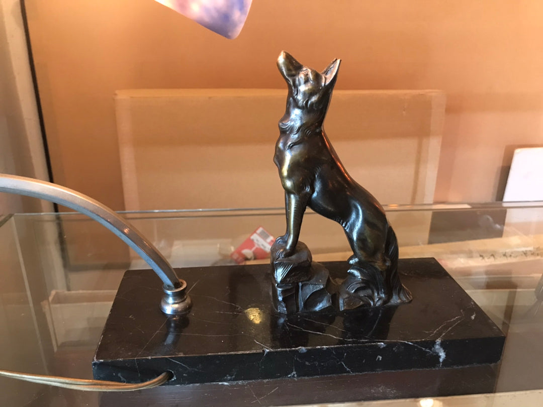 ミューラー兄弟　犬のブロンズのアンティークテーブルランプ