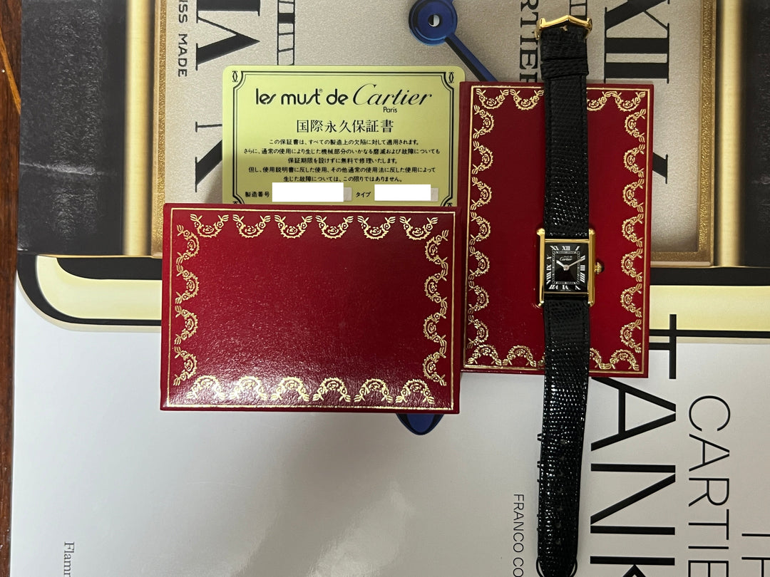 『国際永久保証書付き』マスト ドゥ カルティエ タンク　レディースヴィンテージウォッチ ブラック SMサイズ 手巻 純銀に18Kヴェルメイユ