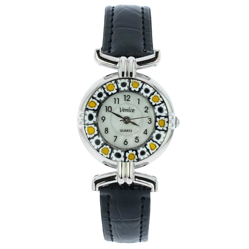 イタリア製 ベネチアングラス（ヴェネチア、ムラノガラス）　ミルフィオリ時計　レザーバンド　シルバーメッキ