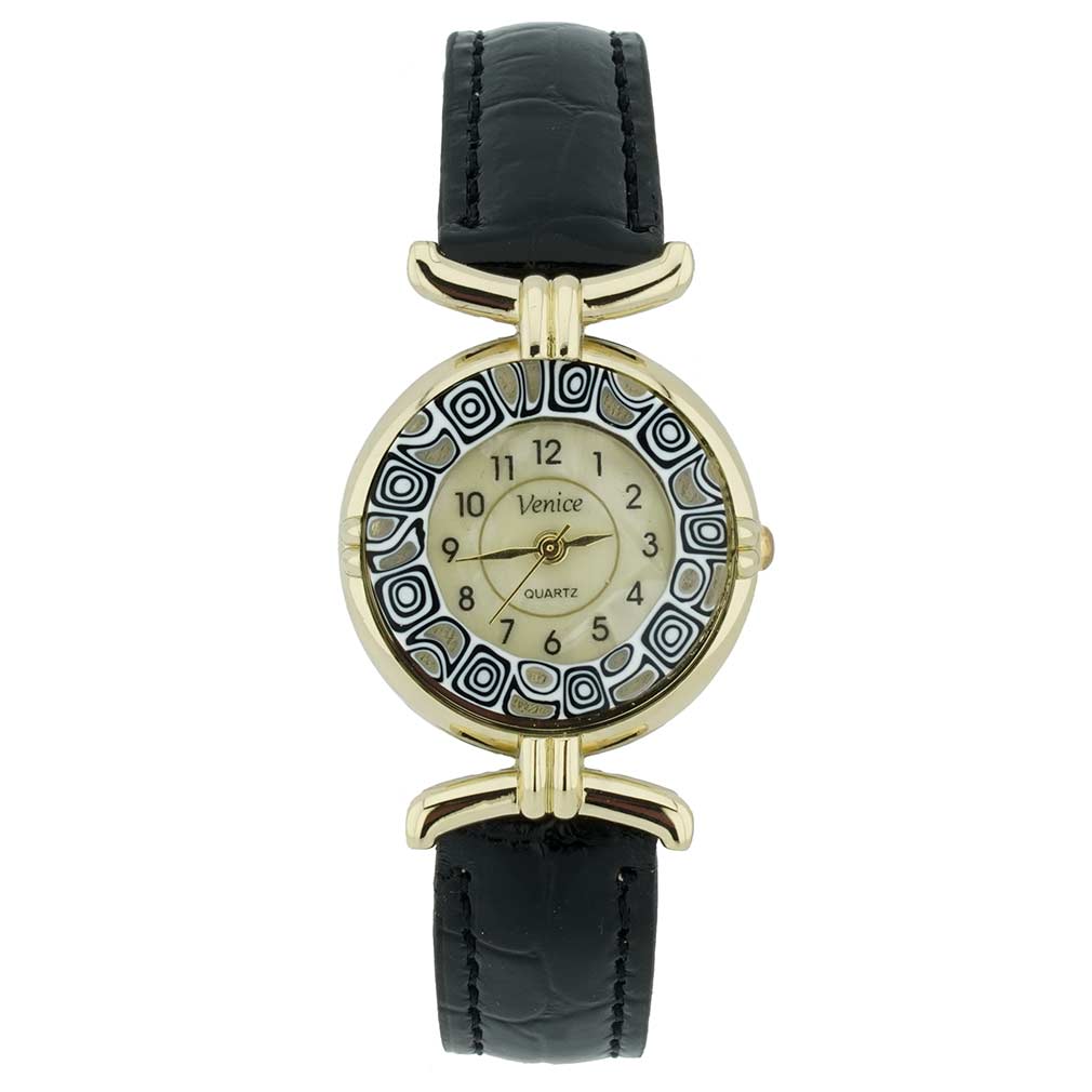 イタリア製 ベネチアングラス（ヴェネチア、ムラノガラス）　ミルフィオリ時計　レザーバンド　ゴールドメッキメッキ