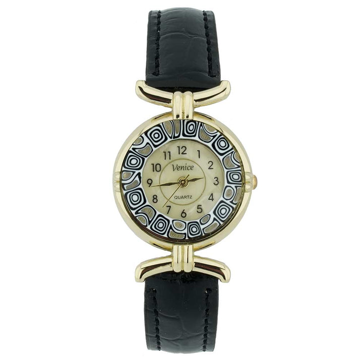 イタリア製 ベネチアングラス（ヴェネチア、ムラノガラス）　ミルフィオリ時計　レザーバンド　ゴールドメッキメッキ