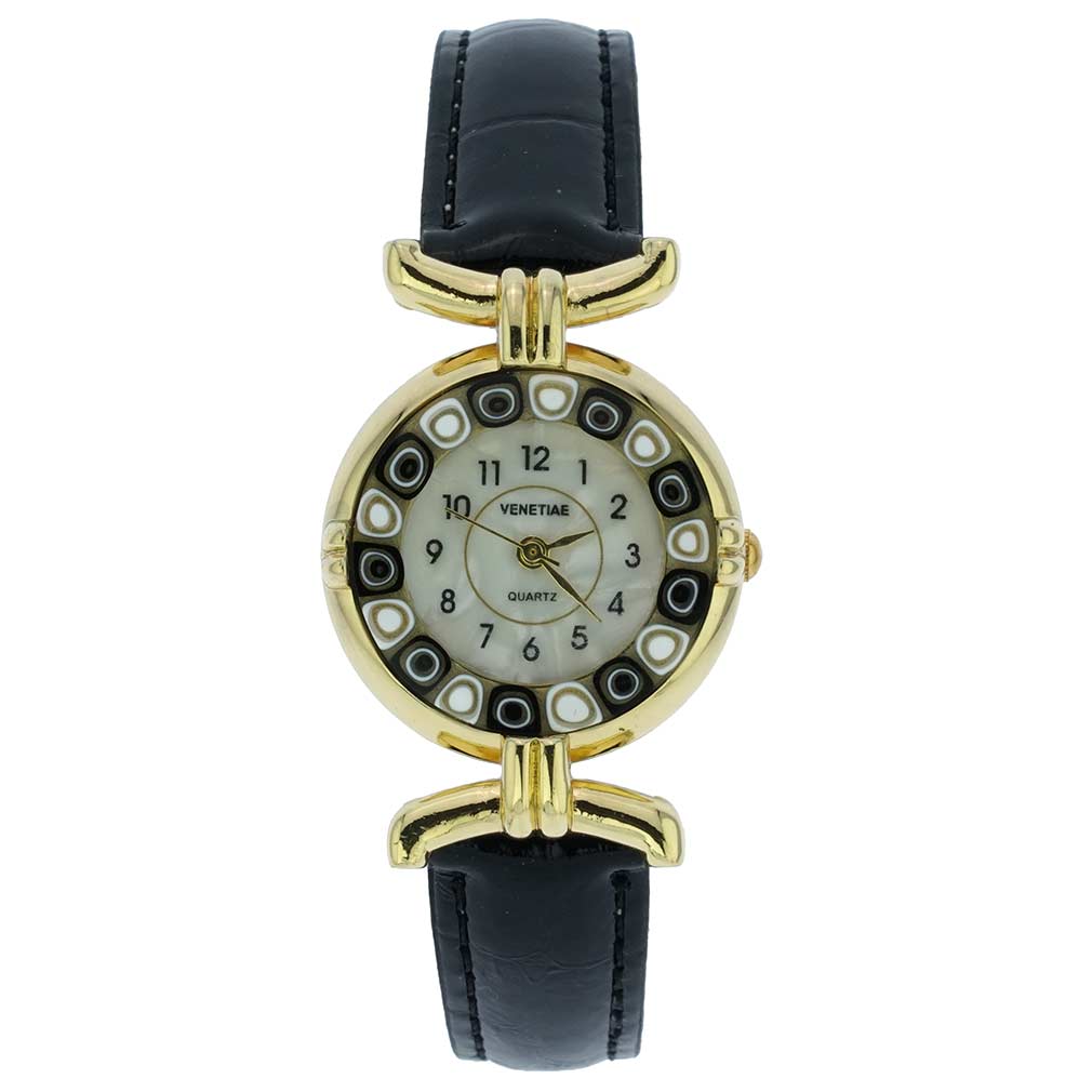 イタリア製 ベネチアングラス（ヴェネチア、ムラノガラス）　ミルフィオリ時計　レザーバンド　ゴールドメッキメッキ