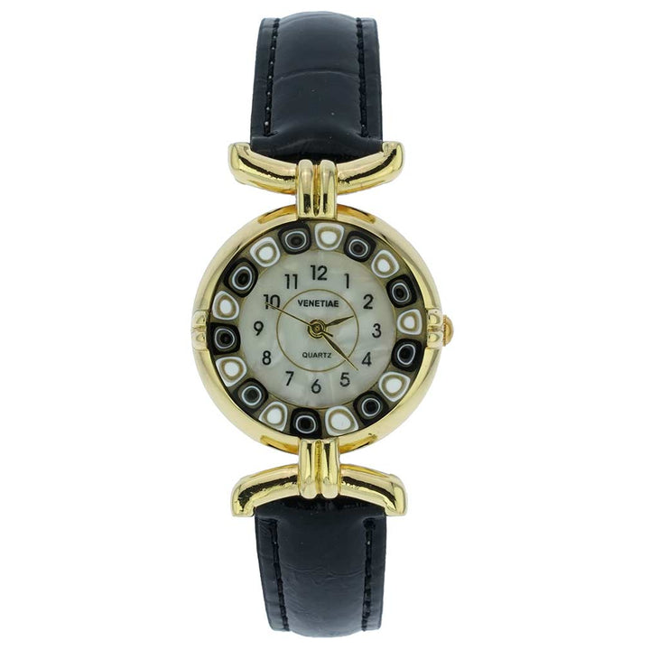 イタリア製 ベネチアングラス（ヴェネチア、ムラノガラス）　ミルフィオリ時計　レザーバンド　ゴールドメッキメッキ