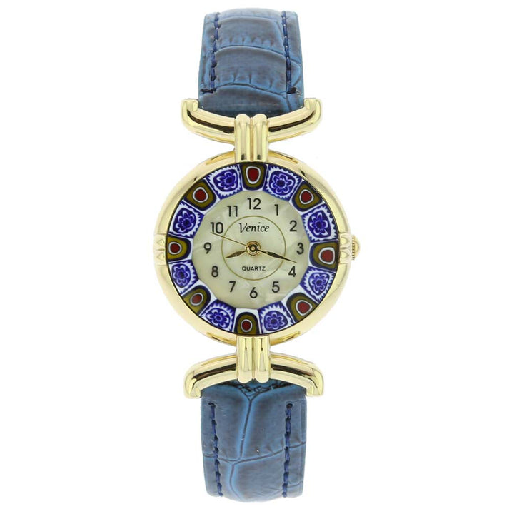 イタリア製 ベネチアングラス（ヴェネチア、ムラノガラス）　ミルフィオリ時計　レザーバンド　ゴールドメッキメッキ