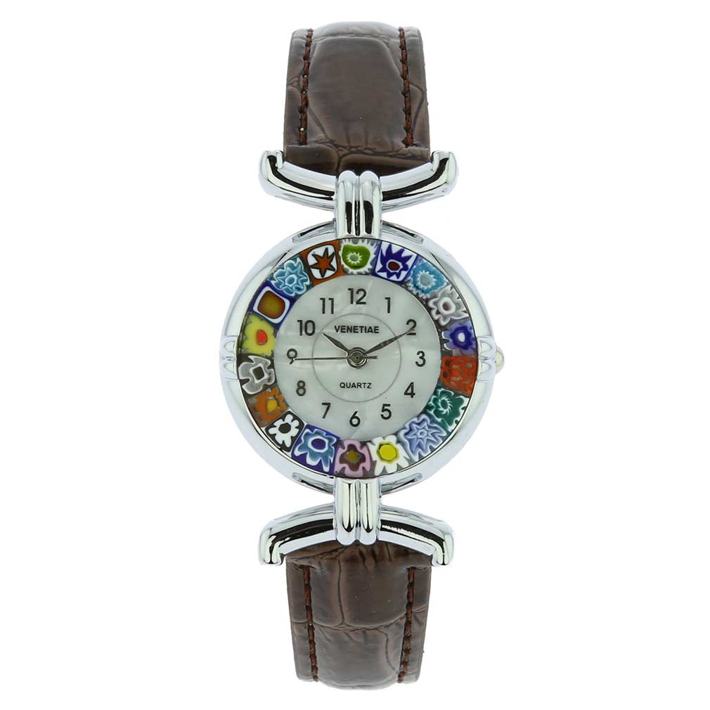 イタリア製 ベネチアングラス（ヴェネチア、ムラノガラス）　ミルフィオリ時計　レザーバンド　シルバーメッキ
