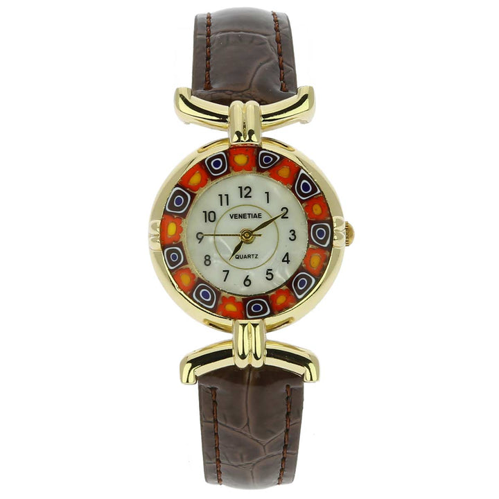 イタリア製 ベネチアングラス（ヴェネチア、ムラノガラス）　ミルフィオリ時計　レザーバンド　ゴールドメッキメッキ