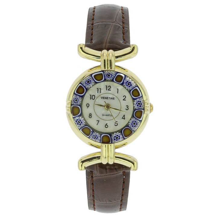 イタリア製 ベネチアングラス（ヴェネチア、ムラノガラス）　ミルフィオリ時計　レザーバンド　ゴールドメッキメッキ