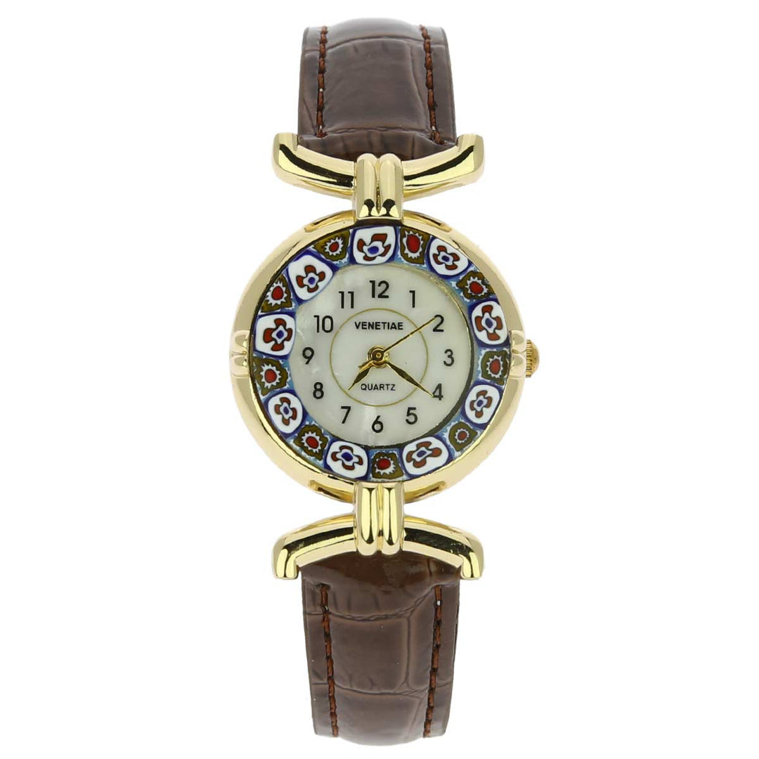 イタリア製 ベネチアングラス（ヴェネチア、ムラノガラス）　ミルフィオリ時計　レザーバンド　ゴールドメッキメッキ
