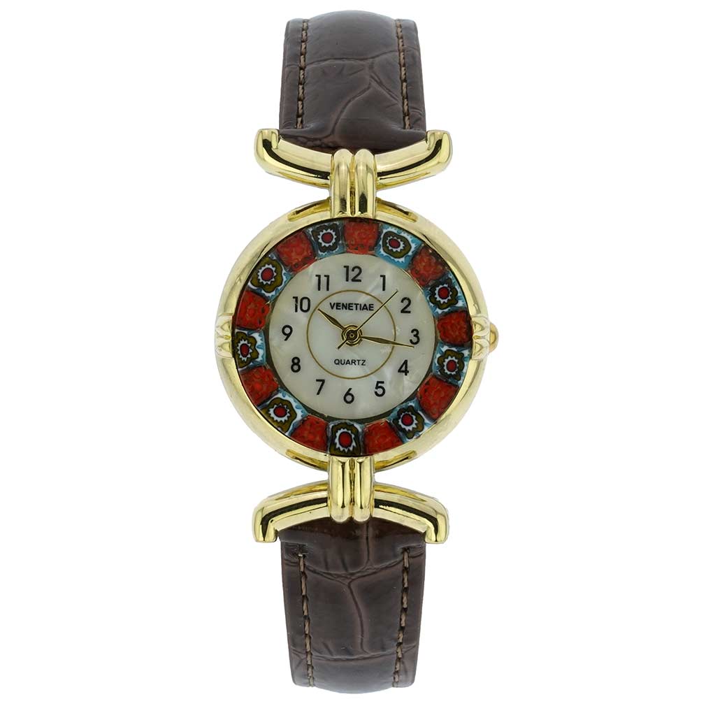 イタリア製 ベネチアングラス（ヴェネチア、ムラノガラス）　ミルフィオリ時計　レザーバンド　ゴールドメッキメッキ