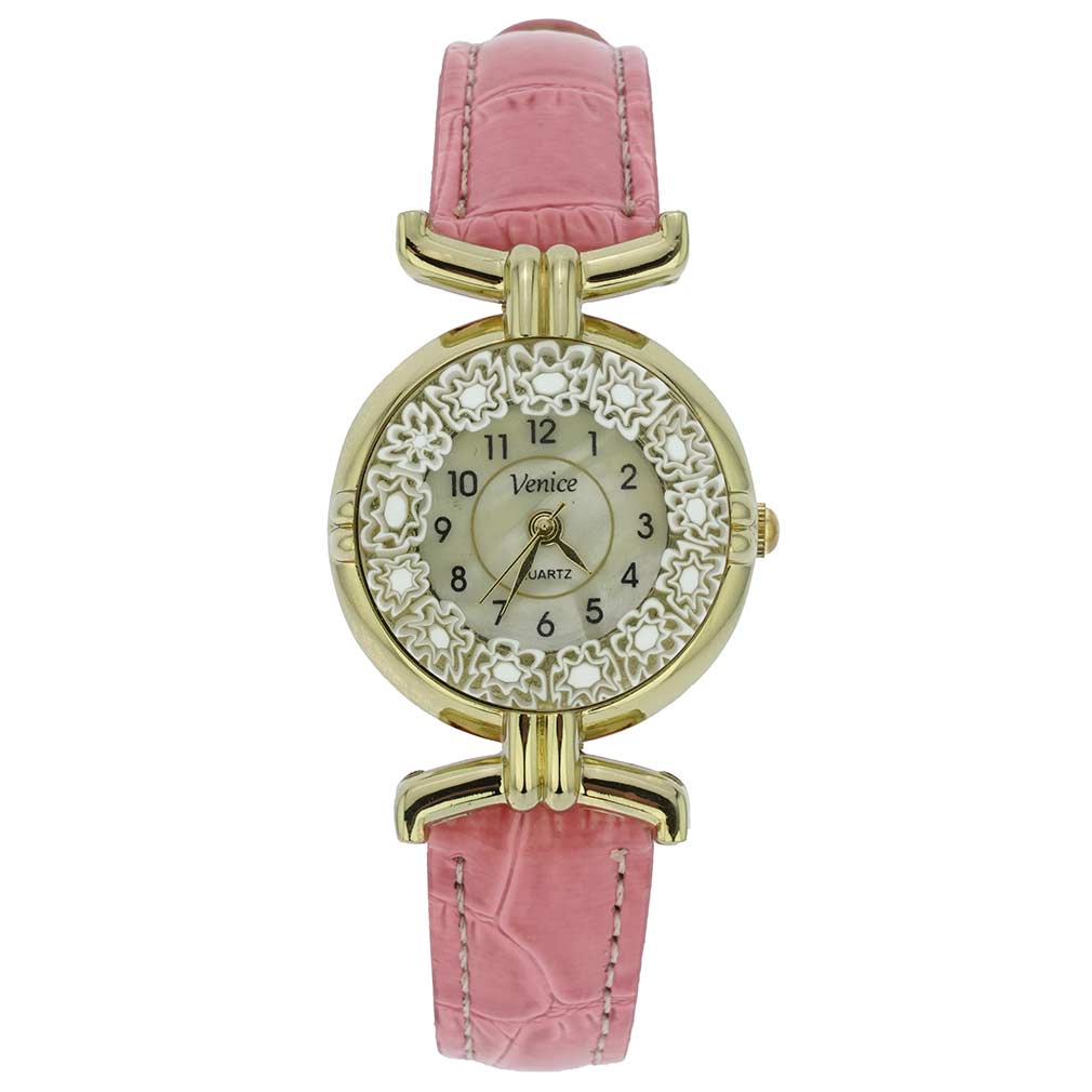 イタリア製 ベネチアングラス（ヴェネチア、ムラノガラス）　ミルフィオリ時計　レザーバンド　ゴールドメッキメッキ