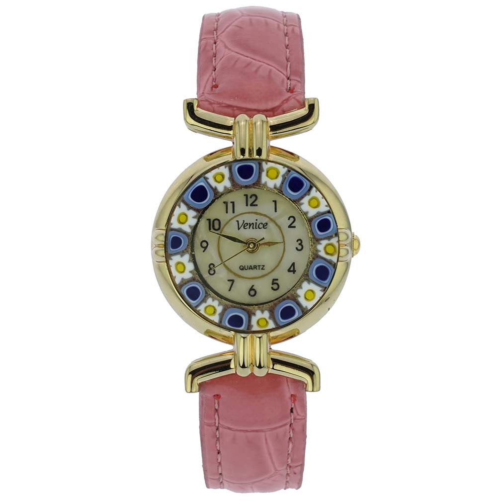 イタリア製 ベネチアングラス（ヴェネチア、ムラノガラス）　ミルフィオリ時計　レザーバンド　ゴールドメッキメッキ