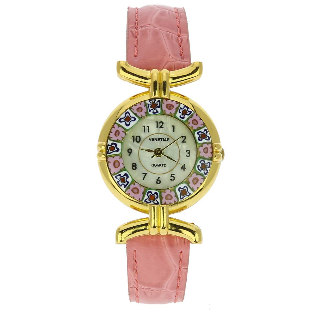 イタリア製 ベネチアングラス（ヴェネチア、ムラノガラス）　ミルフィオリ時計　レザーバンド　ゴールドメッキメッキ