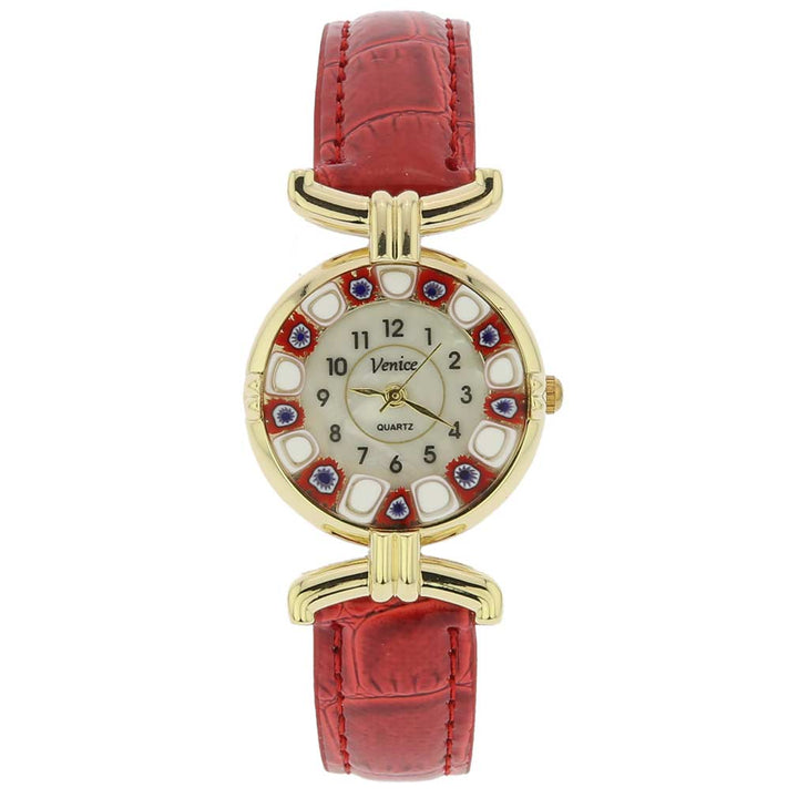 イタリア製 ベネチアングラス（ヴェネチア、ムラノガラス）　ミルフィオリ時計　レザーバンド　ゴールドメッキメッキ