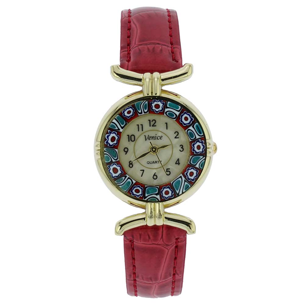 イタリア製 ベネチアングラス（ヴェネチア、ムラノガラス）　ミルフィオリ時計　レザーバンド　ゴールドメッキメッキ