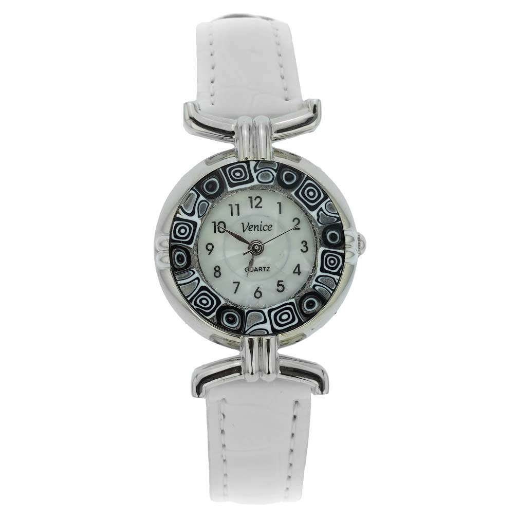 イタリア製 ベネチアングラス（ヴェネチア、ムラノガラス）　ミルフィオリ時計　レザーバンド　シルバーメッキ