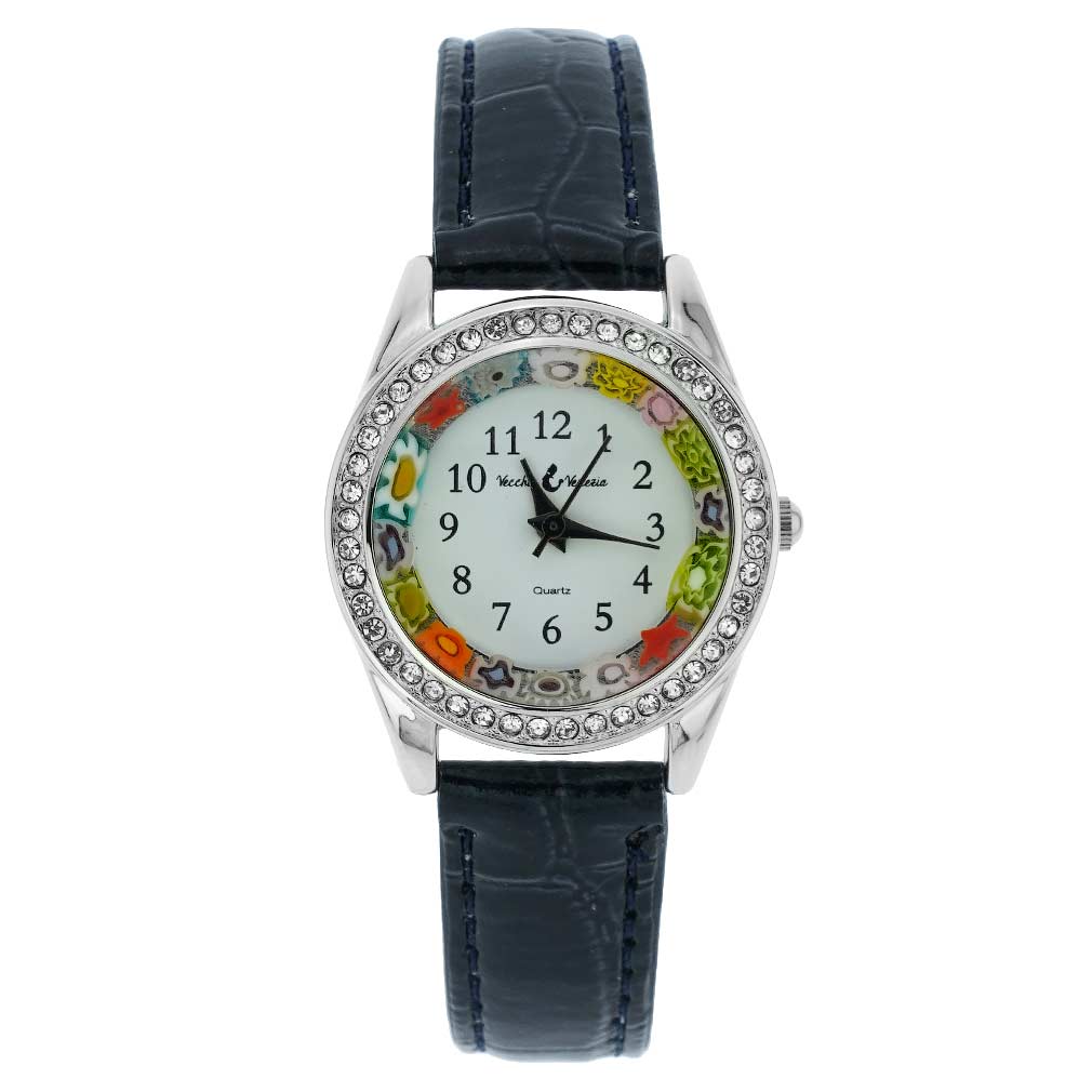 イタリア製 ベネチアングラス（ヴェネチア、ムラノガラス）クリスタルフレーム ミルフィオリ時計　レザーバンド