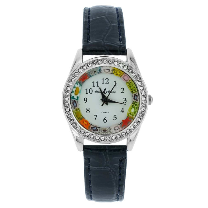 イタリア製 ベネチアングラス（ヴェネチア、ムラノガラス）クリスタルフレーム ミルフィオリ時計　レザーバンド