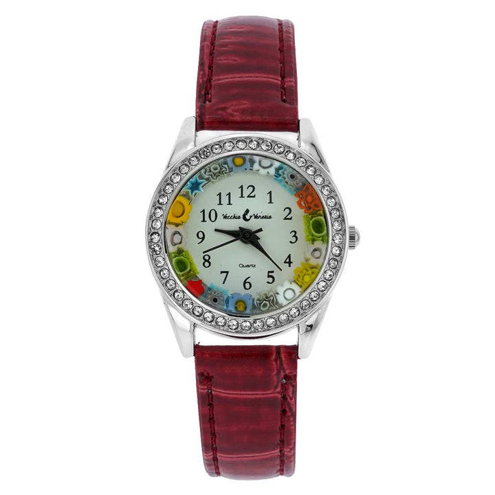 イタリア製 ベネチアングラス（ヴェネチア、ムラノガラス）クリスタルフレーム ミルフィオリ時計　レザーバンド