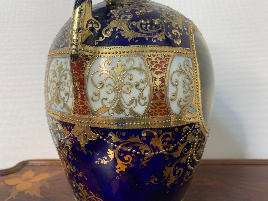 オールドノリタケ　コバルト地にスワン「白鳥」が描かれた花瓶